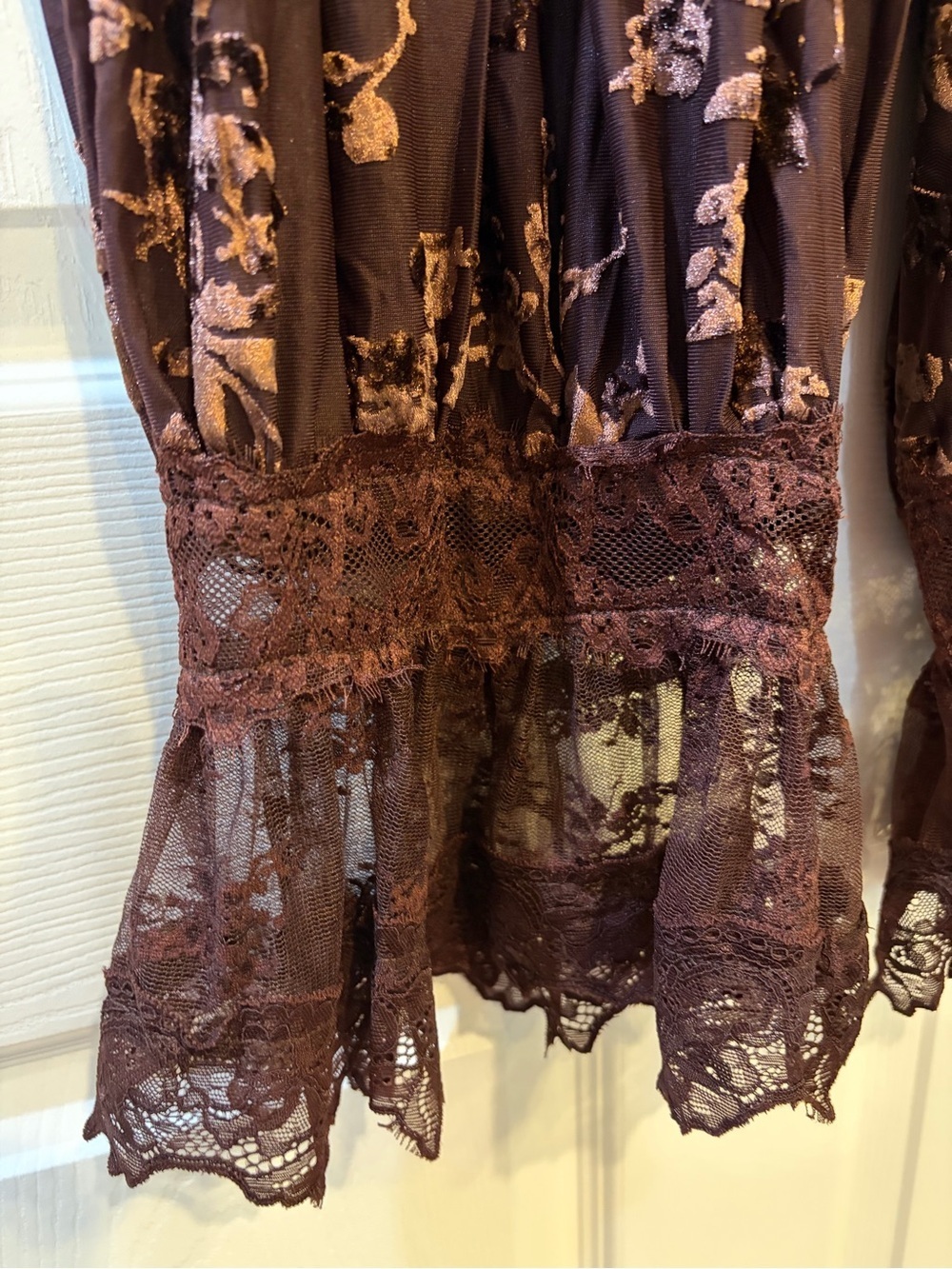 Lantern Pants - Lace Floral Flocked Elastic Waist Coffee NEW WITH TAGS - Picture 10 of 14